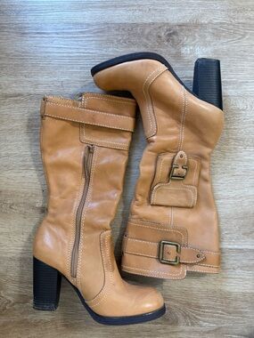 Report Vintage Y2K Leather Victory Cargo Style Heel Boots Women's 8.5 Tan Brown